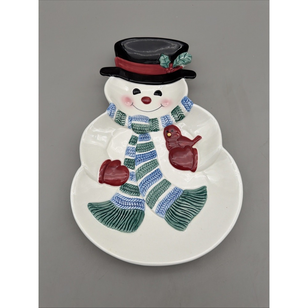 Hallmark Ceramic Snowman Candy Dish Plate w/ Bird & Mitten Holiday Decor